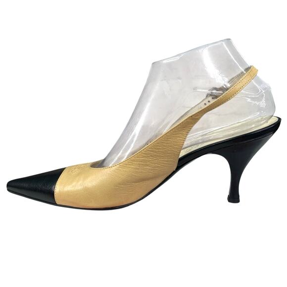 Salvatore Ferragamo Women’s Tan Black Pointed Toe Kitten Heel Size 9 B - Picture 2 of 12